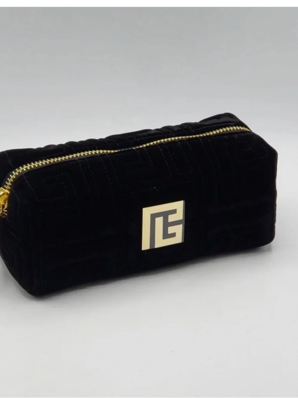 Balmain Black Quilted Velvet Cosmetic Case with Gold Emblem